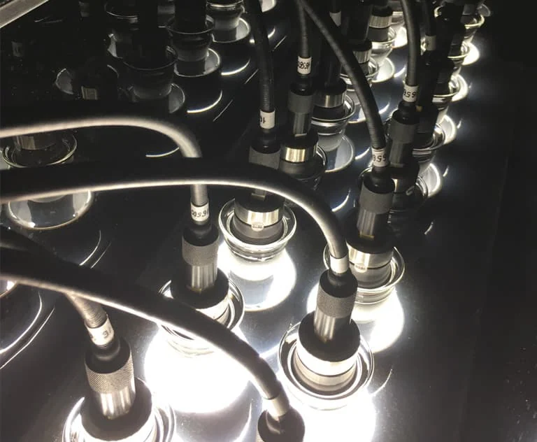 Close-up of LED grow lights for cannabis, used in commercial cannabis cultivation.