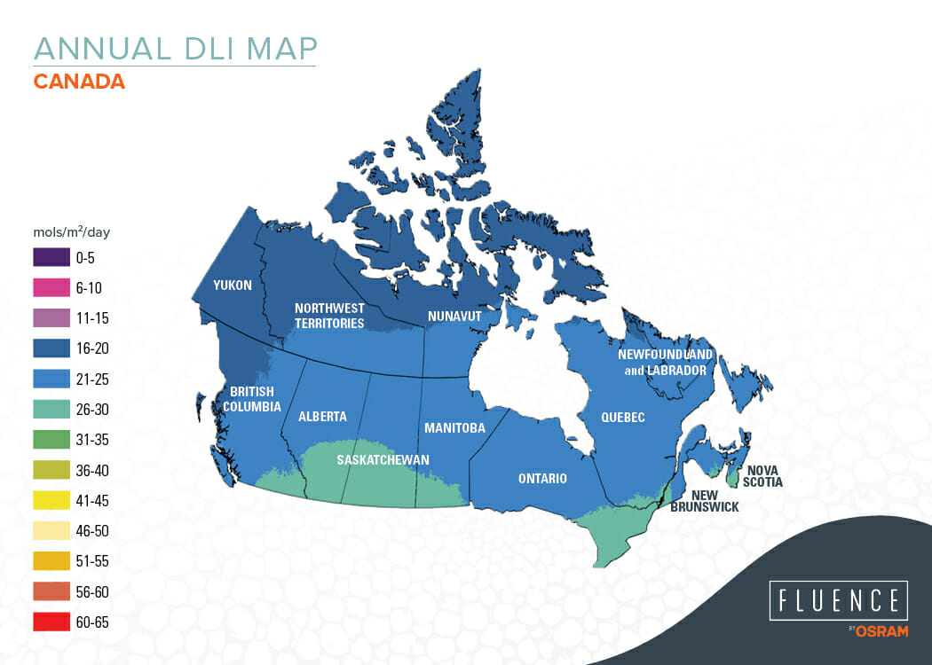 Annual DLI map of Canada showing light distribution for greenhouse growing