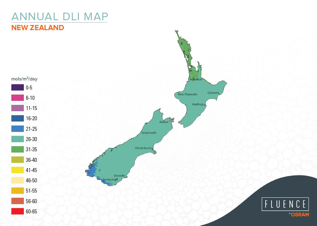 Annual DLI map of New Zealand showing light distribution for greenhouse growing