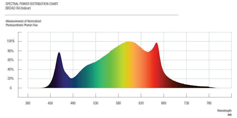 Spectral power chart shows photosynthetic photon flux for LED grow lights in cannabis cultivation.