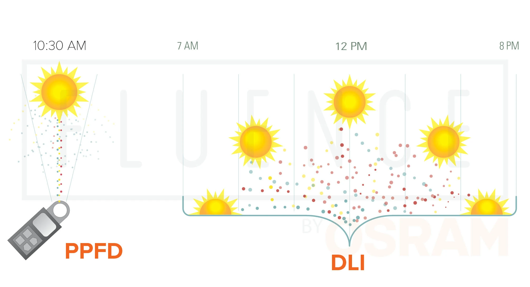 A graphic showing PPFD at 10:30 AM vs DLI, using cannabis lighting terms and LED grow lights for cannabis.