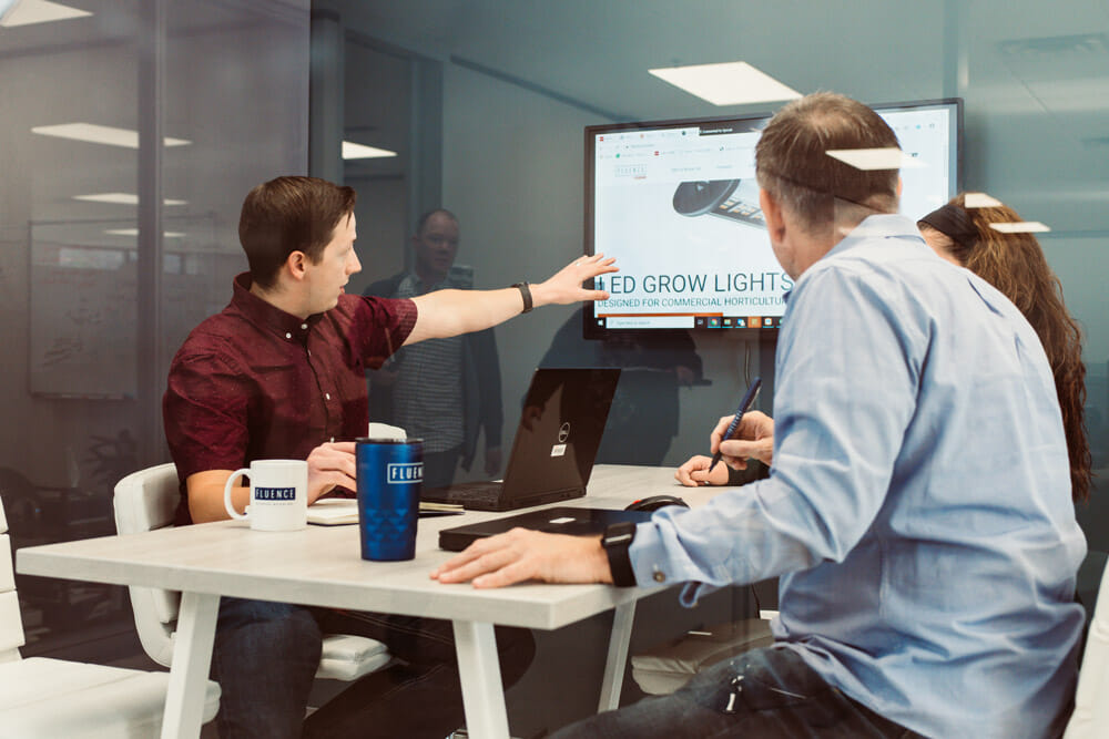 A man presenting a webinar on a TV in a conference room with three colleagues discussing utility incentives, laptops, and coffee mugs; Fluence LED lighting solutions for optimized crop production and cannabis cultivation, Austin, Texas.