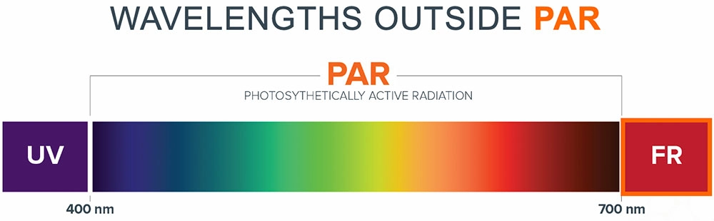 A spectrum bar shows UV, PAR, FR for cannabis lighting technology and LED grow lights.