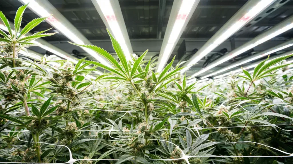 Commercial cannabis plants thriving under advanced LED grow lights and mesh support.