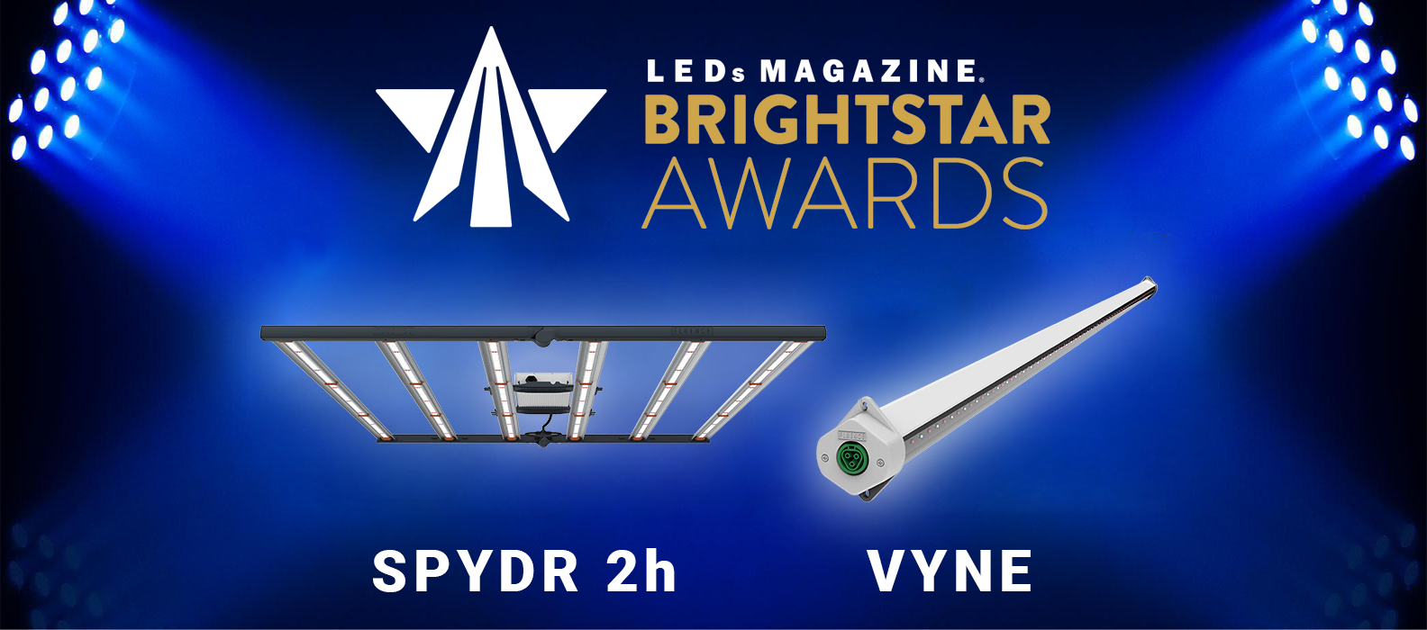 BrightStar Awards logo with SPYDR 2h, VYNE LED grow lights for cannabis cultivation.