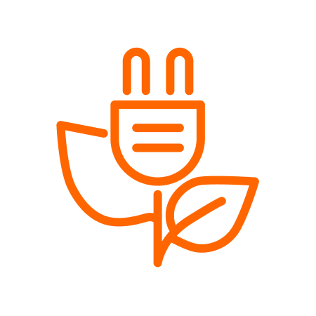 Orange line drawing of flower-shaped power plug with two leaves, representing energy-efficient LED lighting by Fluence in Austin, Texas for enhanced crop production including cannabis cultivation.