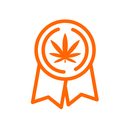 Orange award ribbon icon with a cannabis leaf center, symbolizing excellence in LED lighting solutions for optimized crop production by Fluence, Austin.