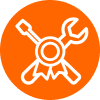 Fluence LED Lighting Solutions Logo - Orange Circle, White Wrench and Screwdriver Icons, Austin-Based Agricultural Tech Company Emblem