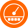 Orange circular icon featuring a white speedometer graphic with five squares beneath it, representing Fluence's innovative LED lighting solutions for enhanced crop production in controlled environment agriculture, including cannabis cultivation, Austin, Texas.