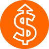 Orange circle icon featuring a dollar sign with an upward arrow, symbolizing increased revenue potential for cannabis cultivation using Fluence LED lighting solutions.