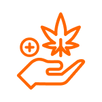 Illustration of an orange hand outline holding a medical cannabis symbol with a plus sign, representing Fluence's innovative LED lighting solutions for enhancing cannabis crop production in Austin, Texas.