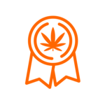 Award ribbon with orange outline featuring cannabis leaf symbol, highlighting Fluence LED lighting excellence in cannabis cultivation; optimized crop production solutions in Austin, Texas.