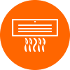 Icon depicting airflow: A bright orange circle features a crisp white air conditioner symbol, illustrating dynamic airflow lines. Ideal for Fluence's LED lighting systems in controlled environment agriculture, enhancing efficient cannabis cultivation.