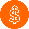 Fluence LED Lighting Solutions Austin - Optimizing Crop Production - Cannabis Cultivation Growth Icon: Orange Circle, White Dollar Sign, Upward Arrow