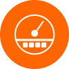 Orange circle with white speedometer icon, needle pointing right, five square icons below; LED lighting for enhanced cannabis cultivation by Fluence, Austin, TX.