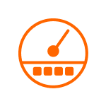 Orange speedometer icon with needle pointing right; features four square indicators below, symbolizing precision and optimization.