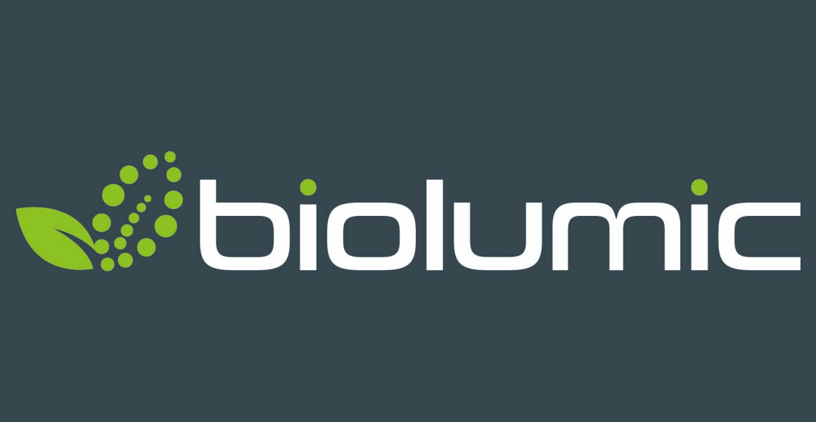 Biolumic logo with green leaf, cannabis lighting technology, LED grow lights.