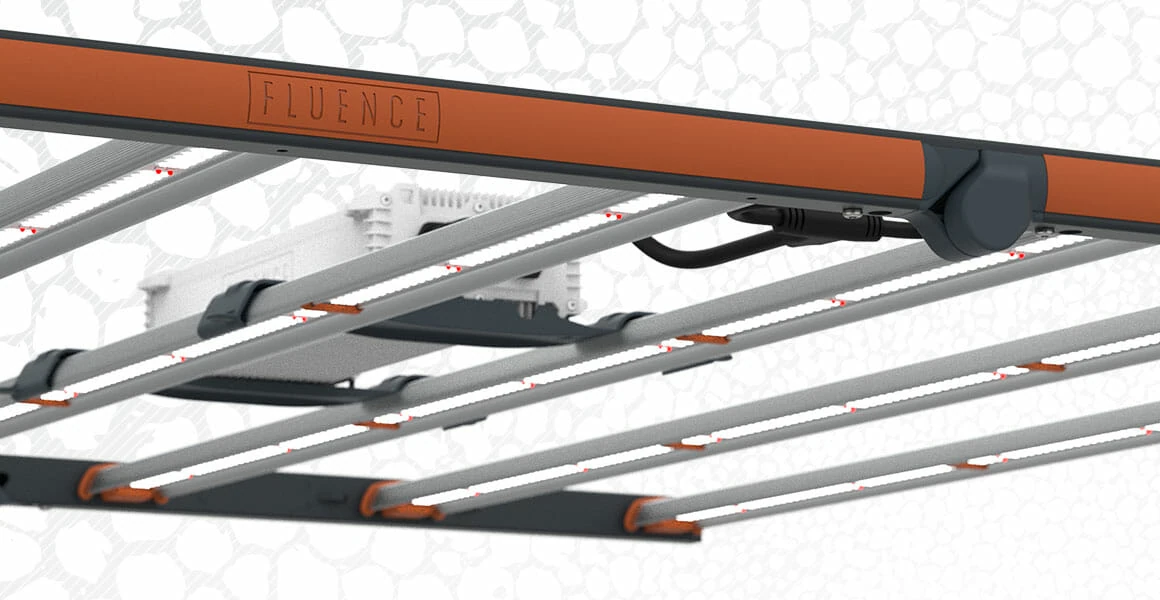 1. Fluence LED grow light fixture for commercial cannabis cultivation setup 2. Close-up of cannabis lighting technology with multi-bar LED grow lights 3. High-tech LED grow lights for cannabis and commercial cultivation use 4. Advanced cannabis lighting for optimized indoor cultivation environments 5. Commercial-grade LED light bars for professional cannabis growth rooms.
