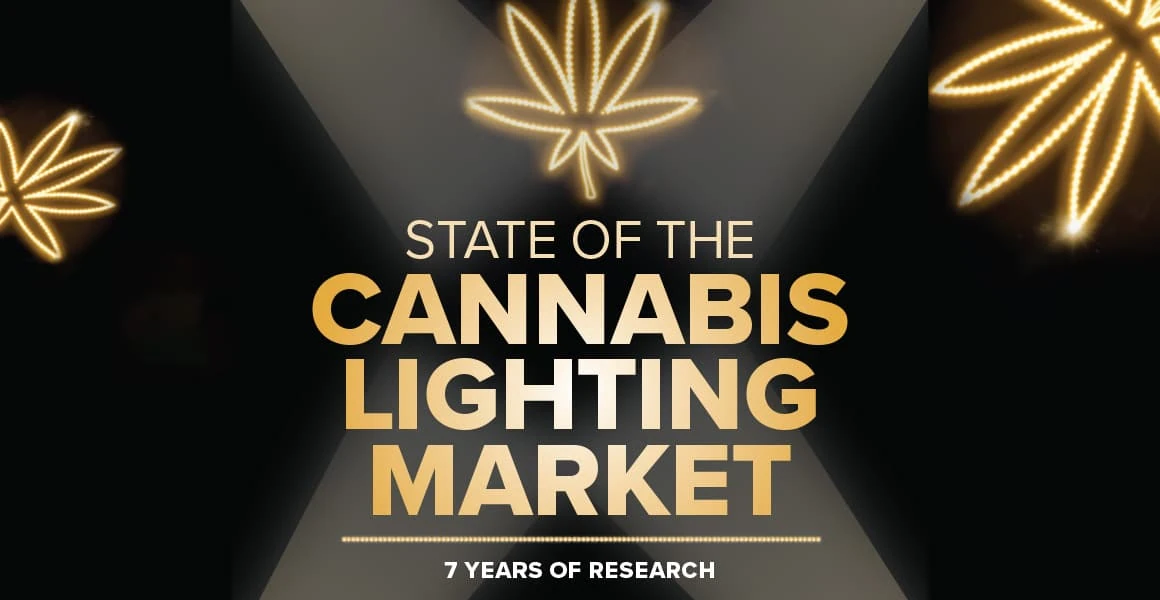 State of Cannabis Lighting Market" with LED grow lights, cannabis leaf.