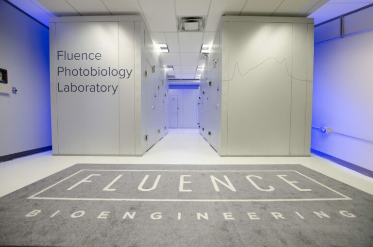 Modern hallway in a cannabis lighting lab, with LED grow lights for cultivation.