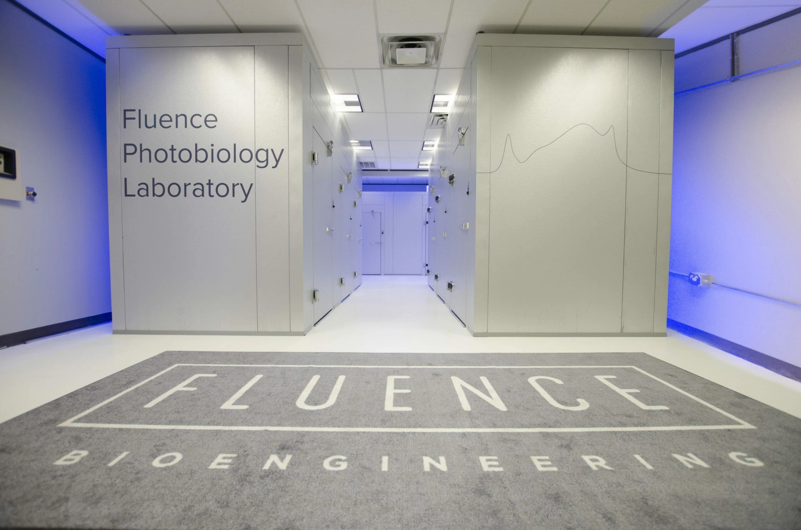 Modern hallway in a cannabis lighting lab, with LED grow lights for cultivation.