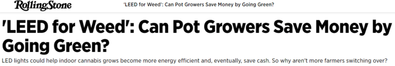Rolling Stone headline discusses LED grow lights for commercial cannabis cultivation.