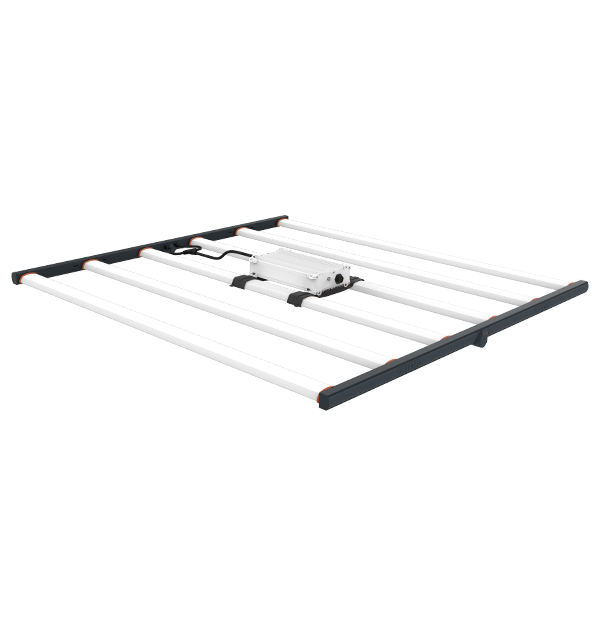 - SPYDR LED grow light with six bars, for commercial cannabis cultivation - Cannabis lighting technology: Rectangular SPYDR LED grow fixture, low angle - Commercial cannabis lighting: Six-bar SPYDR LED grow light on white background - Cannabis cultivation science: SPYDR series LED grow light with control unit.