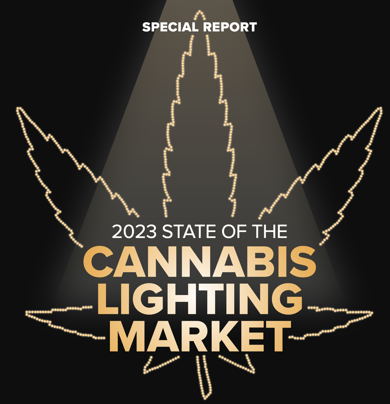 A spotlight on a cannabis leaf with text: 2023 Cannabis Lighting Market Report, LED grow lights.