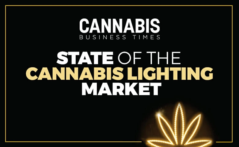 A graphic reading "State of Cannabis Lighting Market" with LED cannabis leaf icon, focused on LED grow lights for cannabis and commercial cultivation trends.