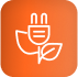 White outline plug with leaves on orange, symbolizing LED grow lights for cannabis.