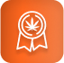 White ribbon badge with cannabis leaf, symbolizing cannabis lighting technology.