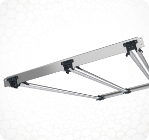 Ceiling rack with four arms mounting LED grow lights for commercial cannabis cultivation.