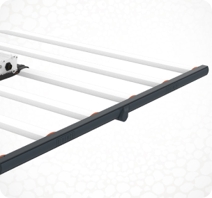 Close-up of LED grow light frame, ideal for commercial cannabis cultivation setups.
