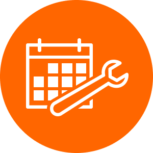 Orange circle icon with white calendar and wrench, symbolizing scheduled maintenance for LED grow lights by Fluence in Austin, Texas (specializing in optimized crop cultivation solutions).