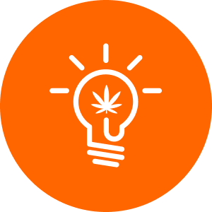 Fluence LED lighting logo featuring an orange circle with a light bulb icon and a cannabis leaf, symbolizing advanced LED solutions for optimized cannabis cultivation. Austin-based Fluence specializes in innovative horticultural lighting technologies.