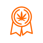 Award ribbon illustration with orange outline featuring a central cannabis leaf, representing Fluence's excellence in LED lighting solutions for optimized cannabis cultivation in Austin, Texas.