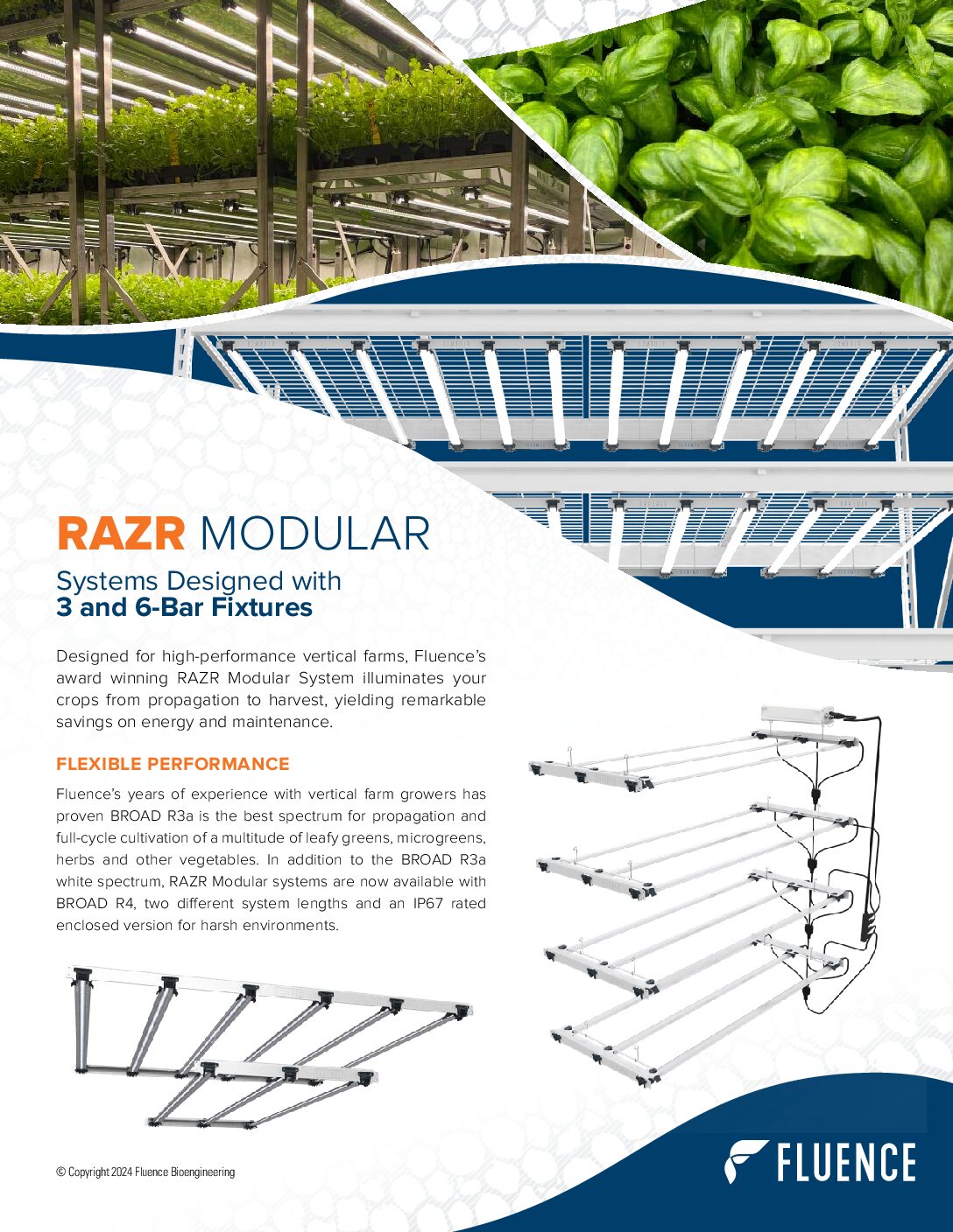 LED grow lights for cannabis in vertical farm, Fluence RAZR modular system shown.