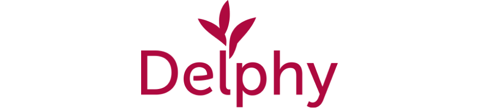 Delphy cannabis lighting logo, red text and plant, LED grow lights branding.