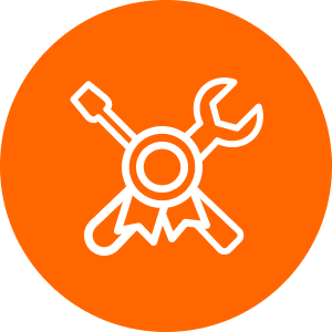 An orange circle with white icons of a wrench, screwdriver, and cog overlaid with a broken line.