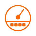 Orange speedometer icon resembling gauge with four rectangles, Fluence LED lighting solutions logo for optimizing crop production in cannabis cultivation, Austin, Texas-based company.