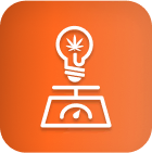 Weiße Strichkunst-Glühbirne mit Cannabisblatt, Messgerät auf Orange-Cannabis-Lichttechnik.