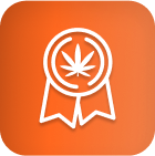 White ribbon award with cannabis leaf, symbolizing cannabis lighting technology.