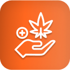 Main blanche tenant une feuille de cannabis avec le signe plus ; icône de l'éclairage du cannabis.