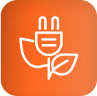 White outline plug and leaves on orange, symbolizing eco LED grow lights for cannabis.