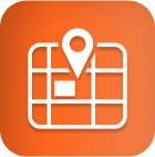 White map pin over grid on orange square, symbolizing cannabis lighting tech.