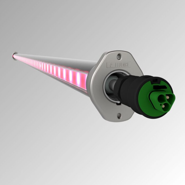 Fluence LED grow light bar, featuring pink illumination and green electrical connector, designed for optimizing cannabis cultivation in controlled environment agriculture; Austin, Texas-based lighting solution.