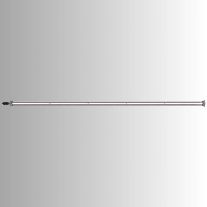 Fluence LED lighting component, sleek metal rod design, optimized for controlled environment agriculture and cannabis growth; Austin-based innovation against gray backdrop.