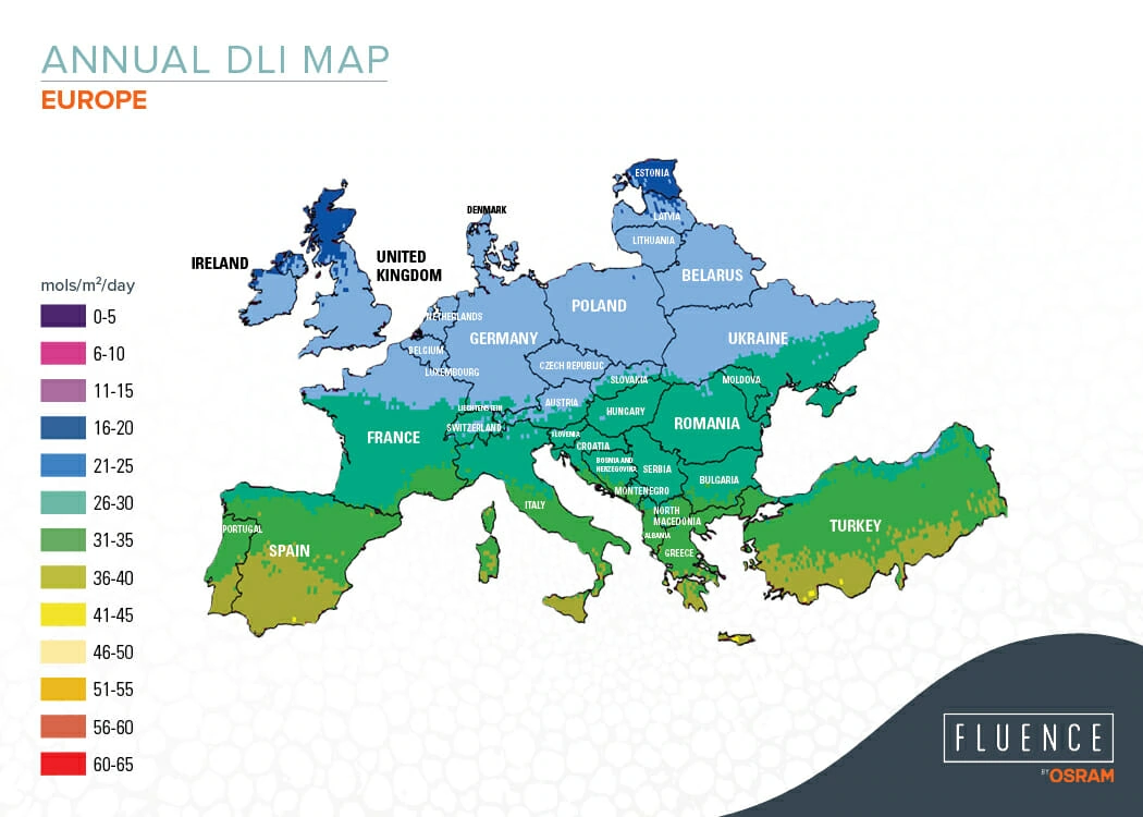 Map of Europe showing DLI for cannabis lighting and commercial cultivation.