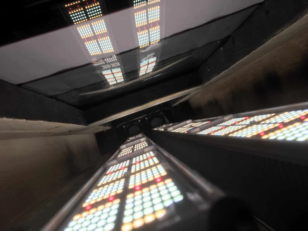 Close-up of LED grow lights for cannabis, reflecting rows in a cultivation facility Symmetrical array of cannabis lighting technology panels on reflective surface Commercial cannabis cultivation LED panels emitting colored light patterns Cannabis lighting: illuminated LED arrays reflected in shiny grow room floor Advanced cannabis cultivation science—LED panels with vibrant color display.