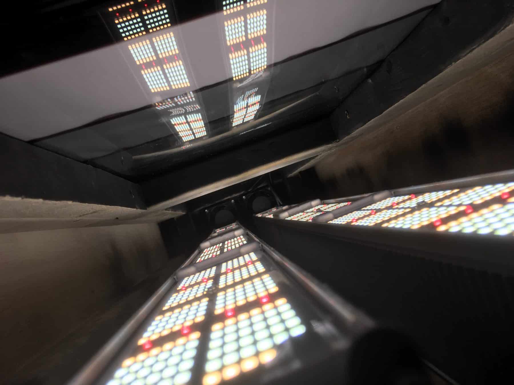 Close-up of LED grow lights for cannabis, reflecting rows in a cultivation facility Symmetrical array of cannabis lighting technology panels on reflective surface Commercial cannabis cultivation LED panels emitting colored light patterns Cannabis lighting: illuminated LED arrays reflected in shiny grow room floor Advanced cannabis cultivation science—LED panels with vibrant color display.